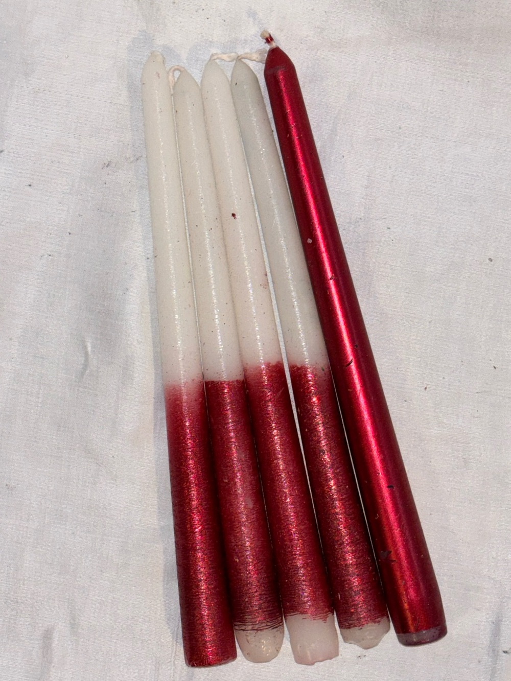 Holiday Taper Candles Set of 5 Red White Metallic Glitter 10” Christmas Decor